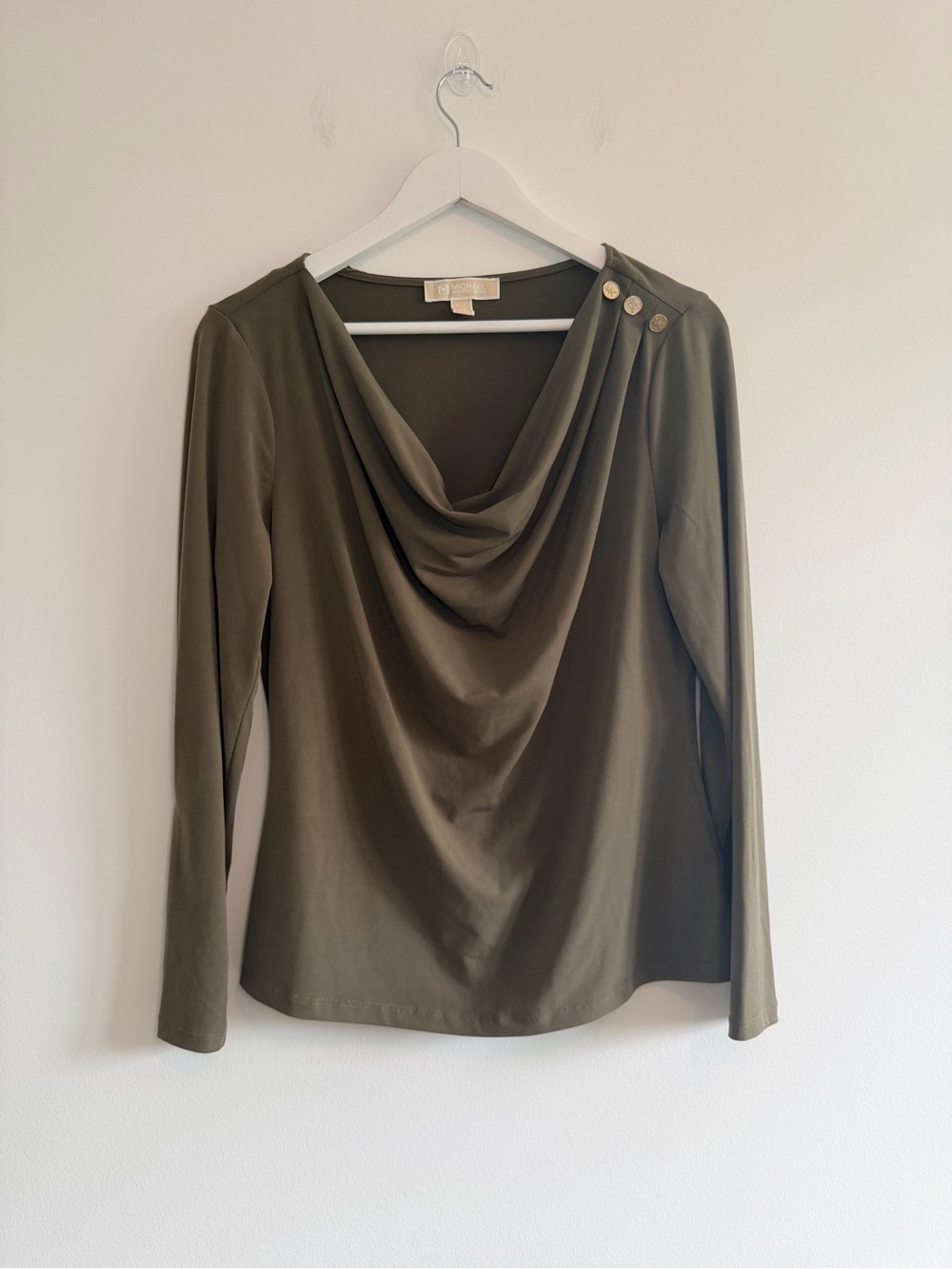 Michael Kors Draped Neck Long Sleeve Top in Olive Green